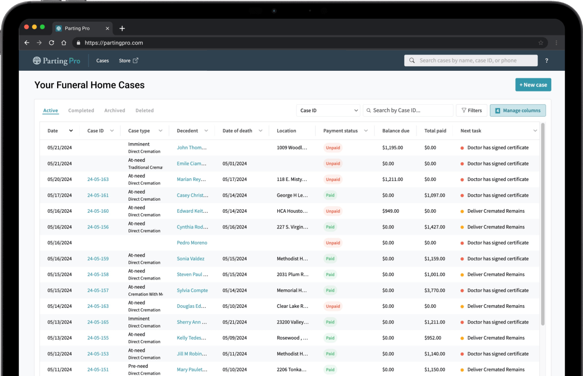 Parting Pro cremation arrangement software dashboard for case management