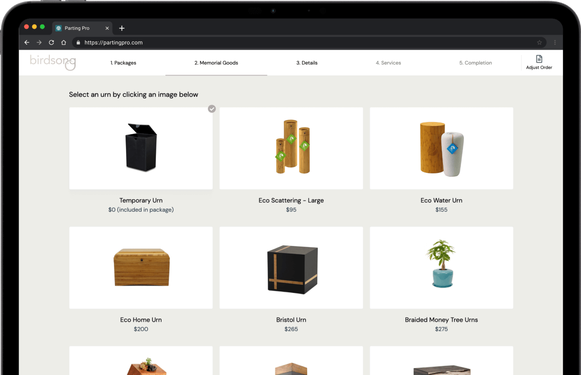 Parting Pro cremation online arranger showcasing urns