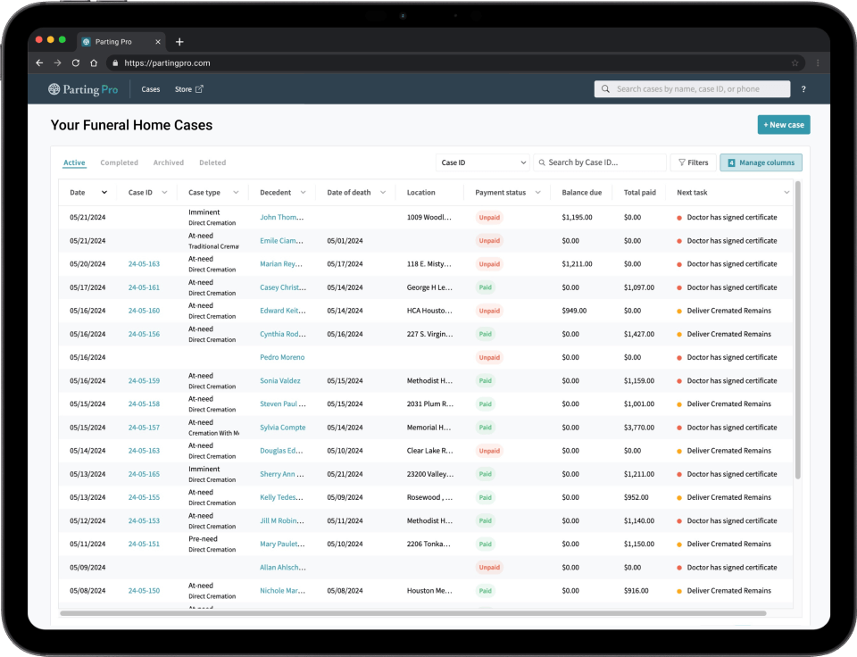 Parting Pro cremation arrangement software dashboard for case management