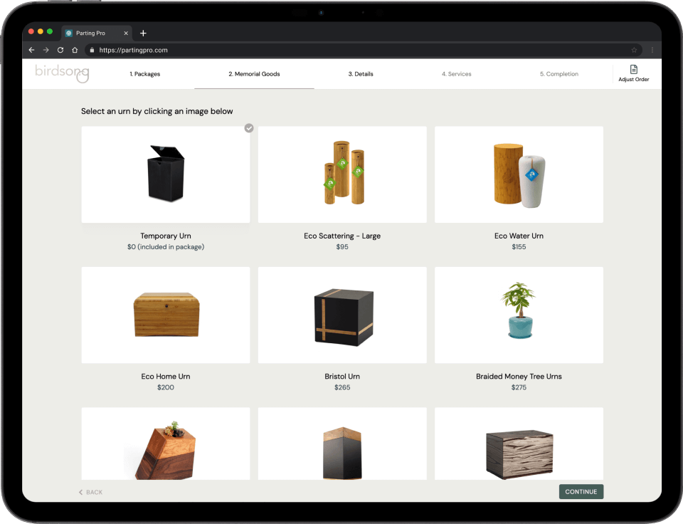 Parting Pro cremation online arranger showcasing urns